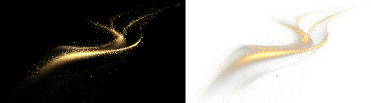 Gold sparkles swirl on a transparent background in a dynamic form, creating a sense of movement and energy in the design