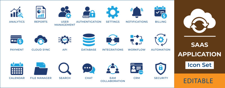 SaaS application solid icon set. Featuring cloud sync, API integration, subscription billing, and CRM system. Vector icons for tech presentation and web dashboard UI editable icon set.