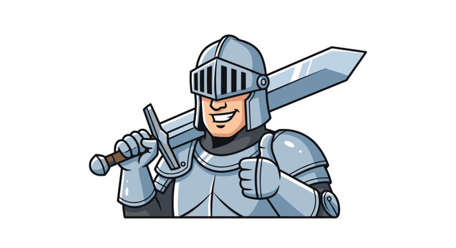 Smiling medieval knight character in shining silver armor holding a large sword over his shoulder in cartoon style.