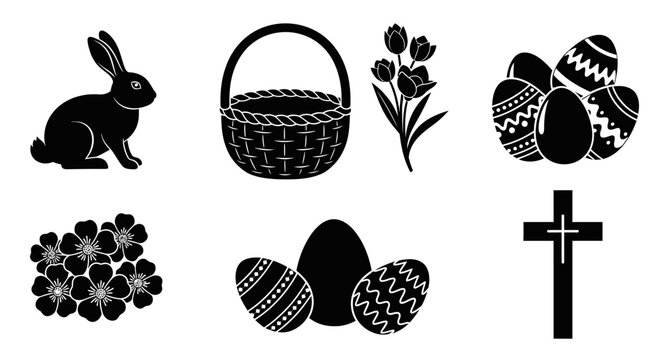 Easter icons with white background including collection black easter including bunny basket basket eggs flowers decorated eggs christianity with celebration