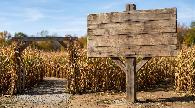 Empty wooden sign in a corn field during autumn harvest season