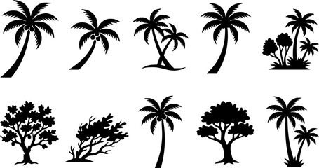 Obraz premium Coconut & Beach Tree silhouette icon set, flat black glyph style, pure white background