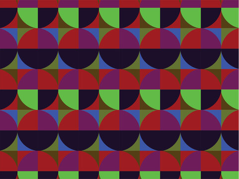 Seamless geometric pattern featuring repeating circles, semicircles, and quarter circles arranged in a bold mid-century modern design. Created with vibrant shades of green, red, purple, blue.