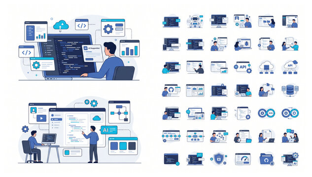 Software Engineering and Technical Coding Workflow Vector Illustration with Technology Icons