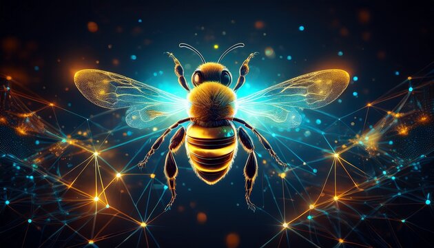 digital bee with glowing particles and network structure in flight