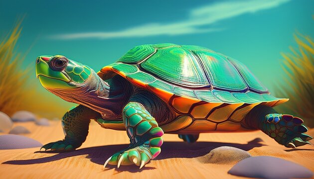 red eared slider turtle with green patterned shell walking on a plain generated using ai