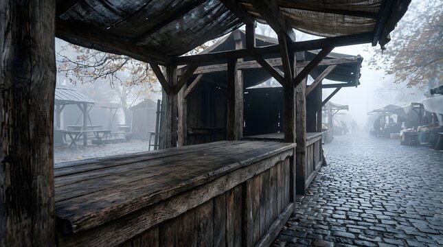 Empty wooden stalls in a foggy traditional market street during autumn