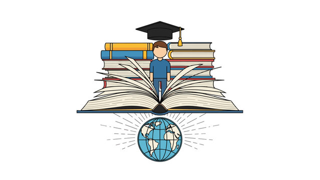 Educational graphic showing a graduate student standing over a globe with stacked books on white background.