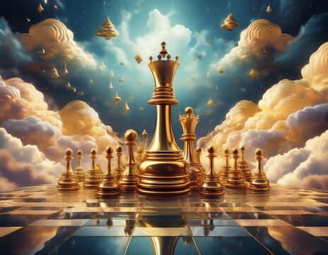 golden chess pieces floating among clouds in a surreal dreamscape