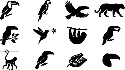 Obraz premium Toucan & Exotic Wildlife silhouette icon set, flat black glyph style, pure white background