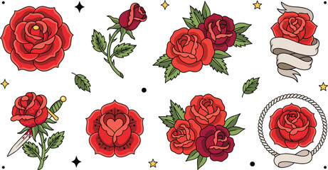 Old school traditional tattoo red rose flower vector element set featuring classic flash designs with dagger banner ribbon and rope frame borders © Mst