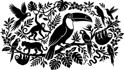 Obraz premium Toucan & Exotic Wildlife silhouette icon set, flat black glyph style, pure white background