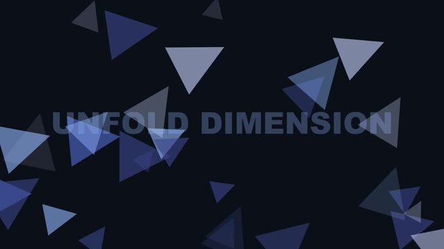 Unfold dimension text animation with floating blue geometric triangles on dark 4k background