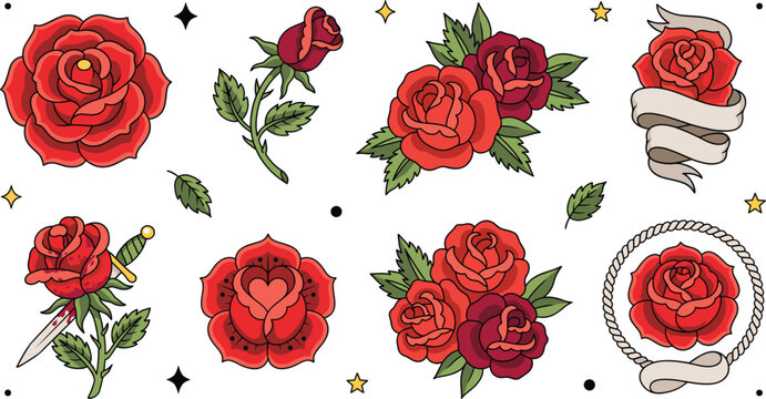 Old school traditional tattoo red rose flower vector element set featuring classic flash designs with dagger banner ribbon and rope frame borders