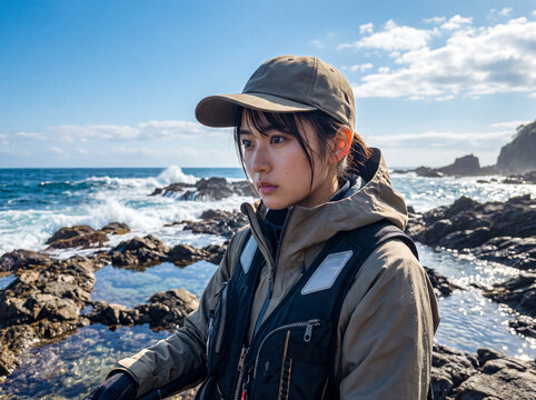 荒波が打ち寄せる岩場で真剣な表情を見せる、釣りウェア姿の若い女性