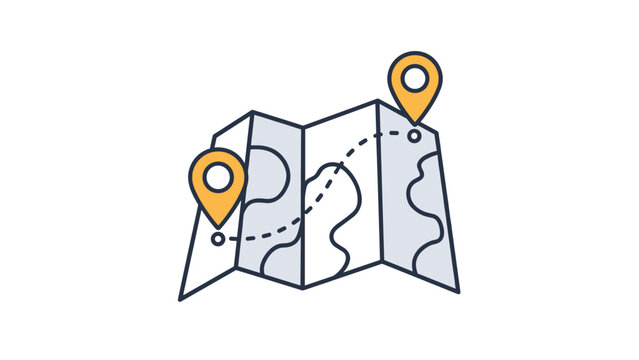 Folded paper travel map with dashed route line and yellow location pins vector illustration for tourist navigation.