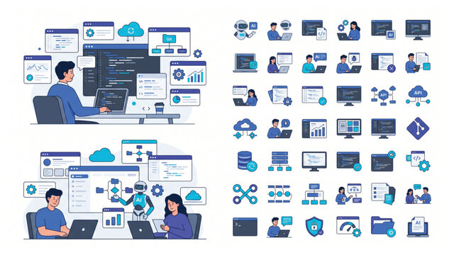 Computer Programming and Artificial Intelligence Development Illustration Set with Coding Icons