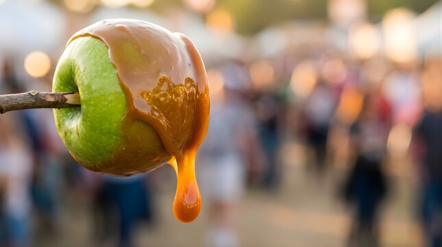 Fresh green apple dipped in sweet caramel sauce on a stick at a fair