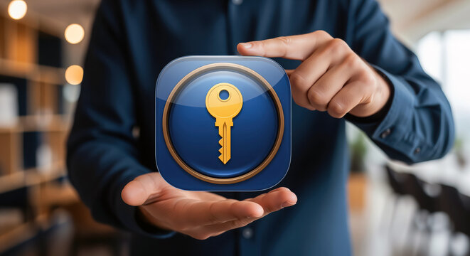 Key emblem promising secure access opens real estate stories on home buying, property rental and mortgage approval while the same sign stands for safety, answers and solutions that resolve problems
