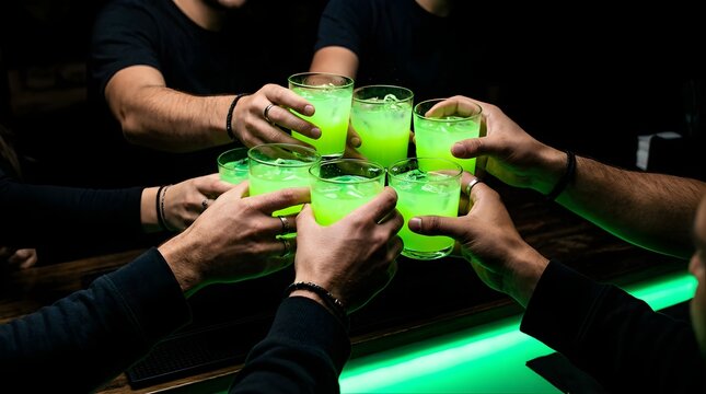 Friends toasting with green glowing cocktails at a dark nightclub bar