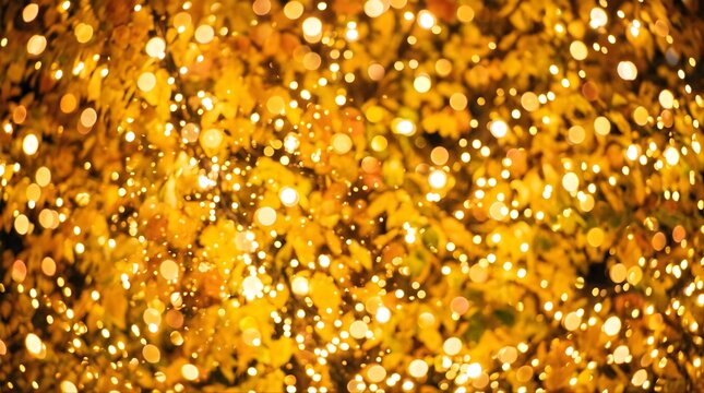 Golden bokeh background with blurred yellow leaves and fairy lights