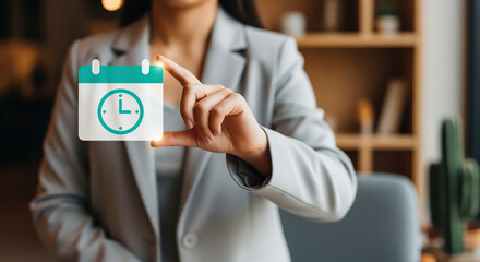 Obraz na płótnie Canvas Appointment calendar icon centered on a clock face, booking emblem where visits and meeting times, plans of the week and timely reminders meet clinic scheduling offers and time slot publications