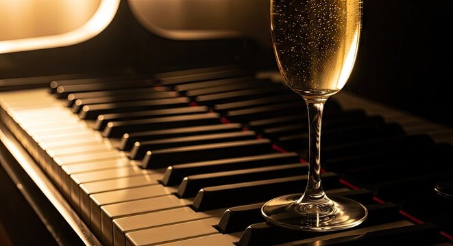 Champagne flute standing on black and white piano keys.