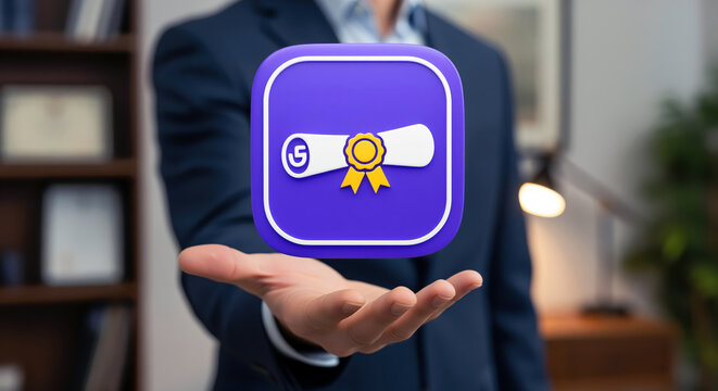 Award scroll icon under a golden rosette seal, honor emblem joining finished training with public praise, framed moments and career steps in talent recognition stories and milestone publications