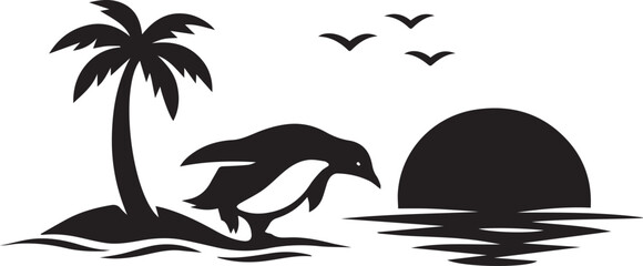 Black silhouette of a penguin jumping on a tropical island Vector, illustration © MostTanzila