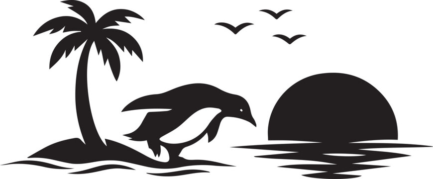 Black silhouette of a penguin jumping on a tropical island Vector, illustration