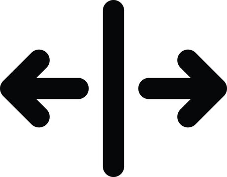 A minimalist black icon featuring a vertical dividing line with horizontal left and right arrows pointing outward, isolated on a transparent background, perfect for split-screen layouts, adjustable.