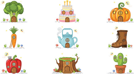 Fototapeta premium Whimsical fairy house icon set with cute fantasy homes shaped like vegetables, cake, teapot, and boot for children storybooks, games, and stickers