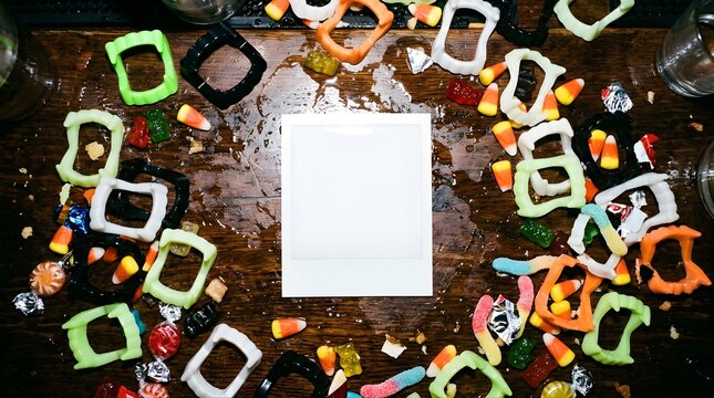 Halloween candy and plastic vampire teeth frame with central white paper