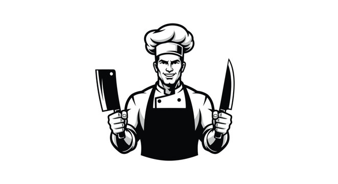 Masculine butcher chef mascot holding a meat cleaver and a sharp carving knife, isolated on a clean white background.