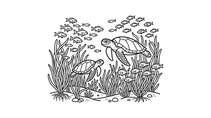 Obraz premium Sleek Black and White of Sea Turtles Nestled Amongst Schooling Fish and Aquatic Plants with high quality professional line art symbols for modern creative design and digital branding projects