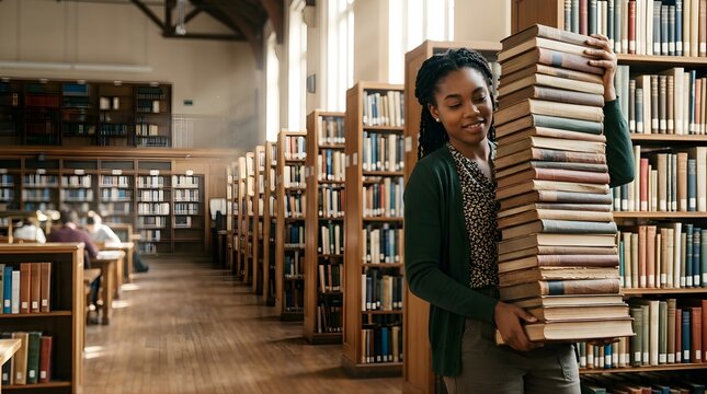 Happy African American student holding a large stack of books in a library