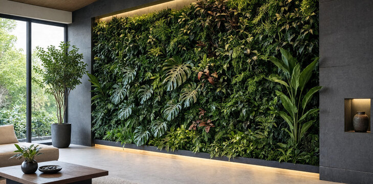 Modern living room interior featuring a large lush green vertical garden wall with integrated led accent lighting and a minimalist design aesthetic vertical interior biophilic architecture