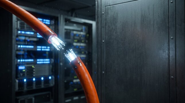 Broken orange fiber optic cable emitting light in server room.