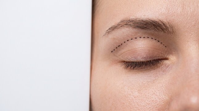 Close up of woman eye with surgical dashed line marks for eyelid correction procedure.