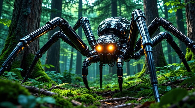 Mechanical spider robot with glowing eyes moves through green forest. Detailed robotic creature walks on mossy ground with trees in background. Futuristic arachnid with illuminated eyes in woodland.