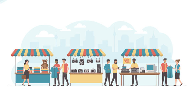 Street market stalls with vendors selling various second hand items like clothes, cameras, and vintage electronics.
