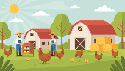 Naklejka premium Couple of farmers collecting fresh organic eggs on a sunny chicken farm with happy free range hens and red barns.