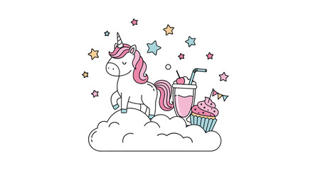Obraz premium Whimsical unicorn standing on a soft cloud with a pink milkshake and a cupcake under a canopy of colorful stars and magic.