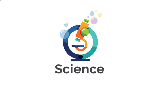Modern abstract microscope icon with colorful bubbles and custom typography for a science, biology, and education logo.
