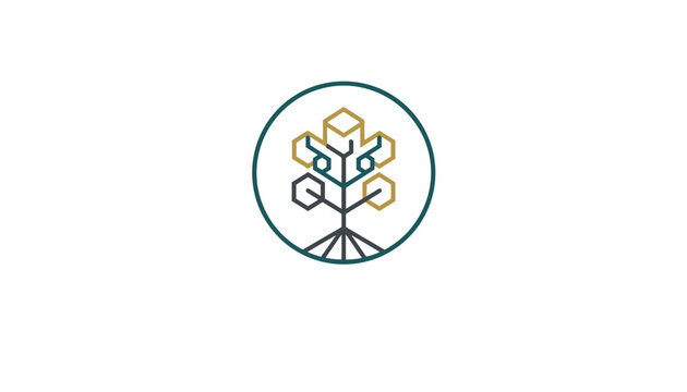 Unique geometric tree logo icon composed of hexagonal structures representing eco technology and smart growth.