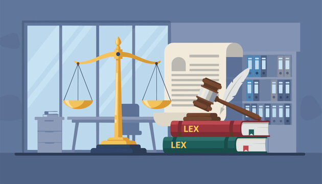 Law and justice icons featuring a gold scale, wooden gavel on books, scroll document with feather pen in a modern attorney office.