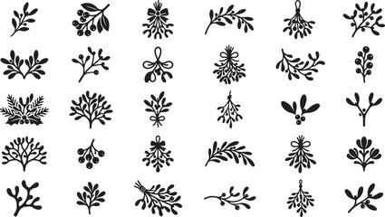 Set of black ink mistletoe and holiday berry plant illustrations for christmas Vector © MdMihad