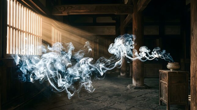 Incense smoke swirling in an ancient Japanese temple with light beams