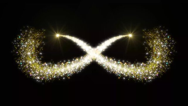 Golden sparkling particle trails forming elegant dual crescent infinity loops with bright lens flares on black background animation