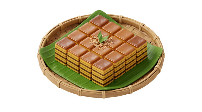 Vector illustration of lapis legit spekkoek layered cake on banana leaf and woven tray, on a transparent background